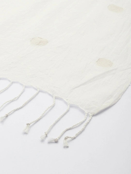 Handwoven White Cotton Dupatta with Gold Zari Buta Jamdani Design