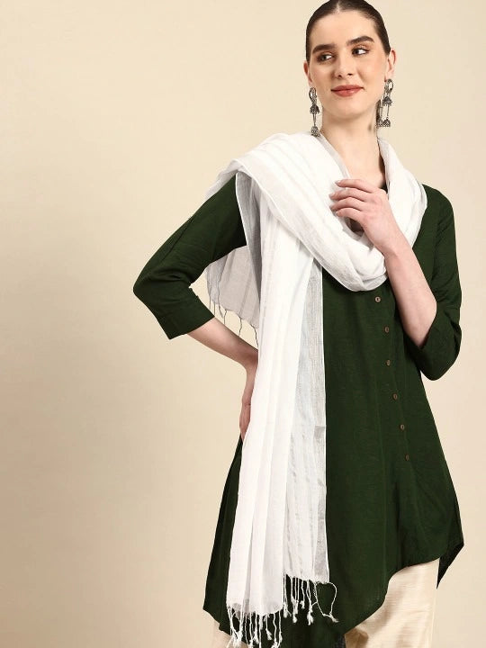 Handwoven White Cotton Dupatta with Silver Zari Border and Stripes