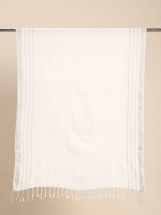 Handwoven White Cotton Dupatta with Silver Zari Border and Stripes