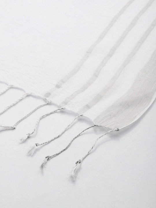 Handwoven White Cotton Dupatta with Silver Zari Border and Stripes