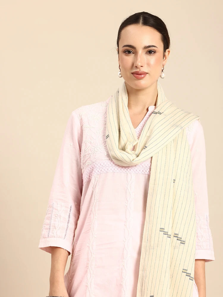 Handwoven White Cotton Scarf with Navy Blue Stripes & Cream Jamdani Butti Design