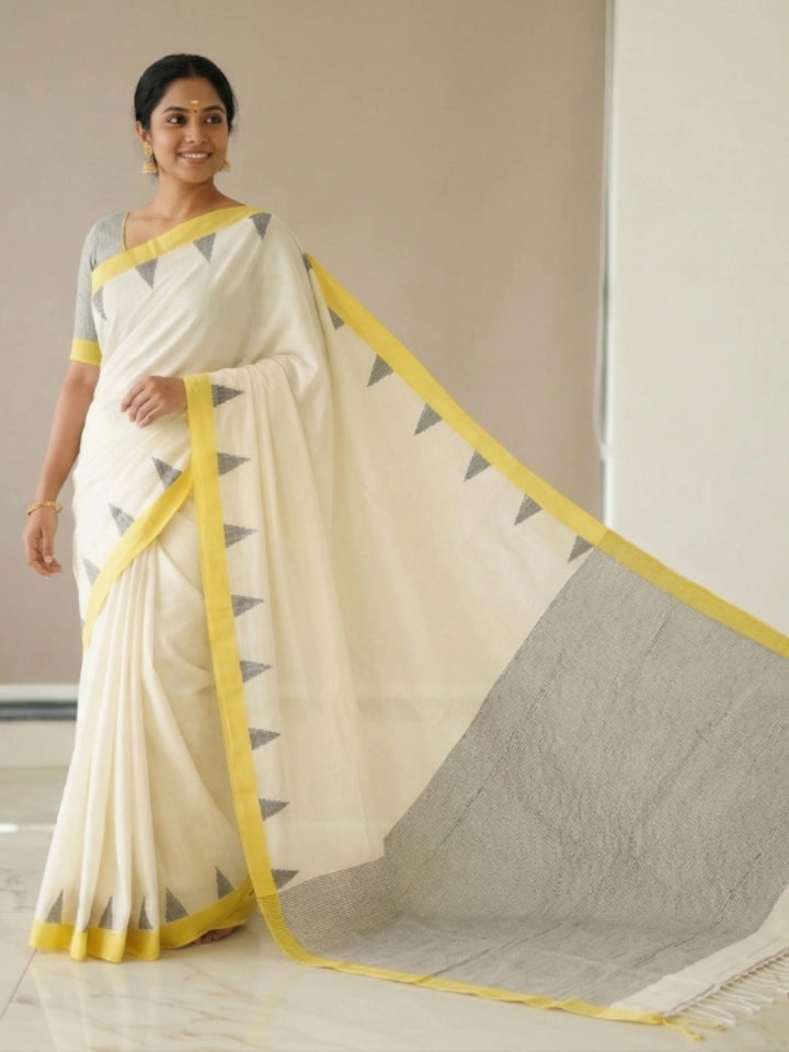 Handwoven White Jamdani Saree with Black Stripes & Yellow Temple Border