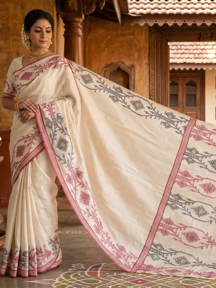 Handwoven White Matka Silk Saree with Jamdnani in Red & Black