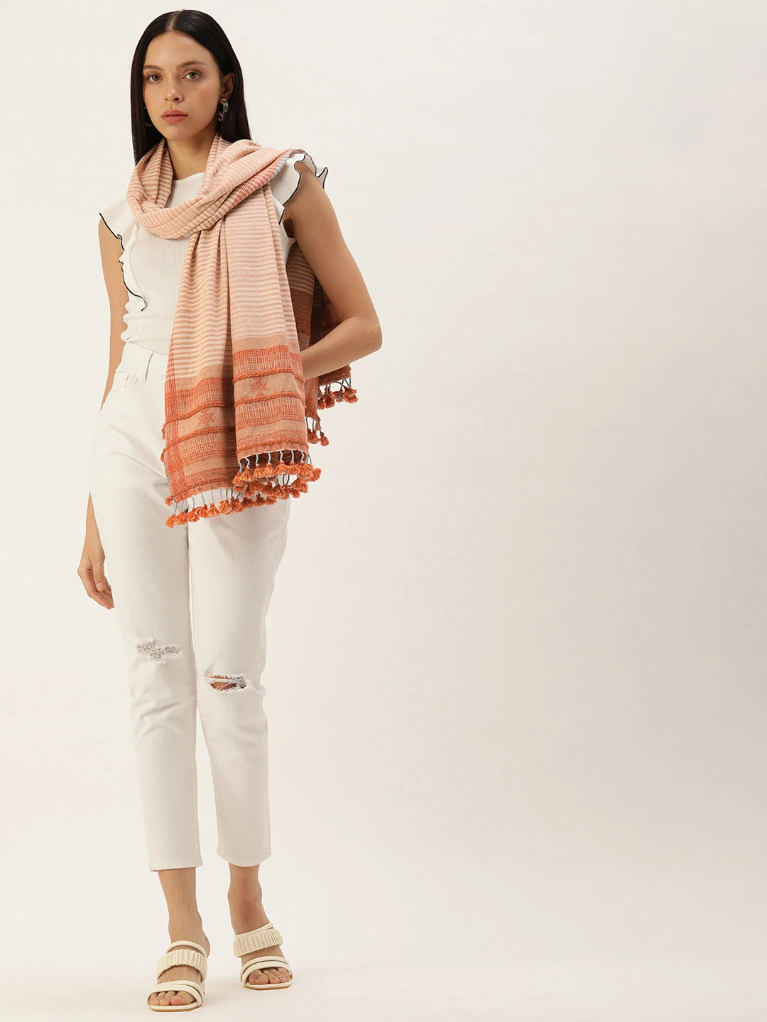 ASVA Handwoven White & Orange Cotton Scarf with Tassels