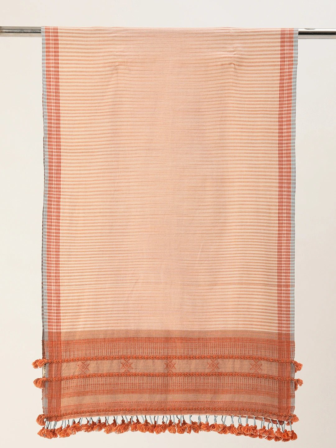 Handwoven White & Orange Cotton Scarf with Tassels