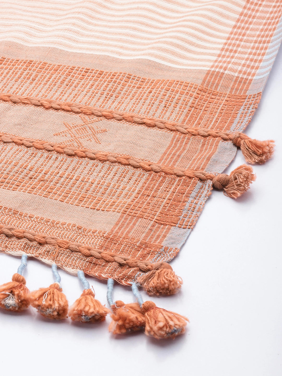 Handwoven White & Orange Cotton Scarf with Tassels