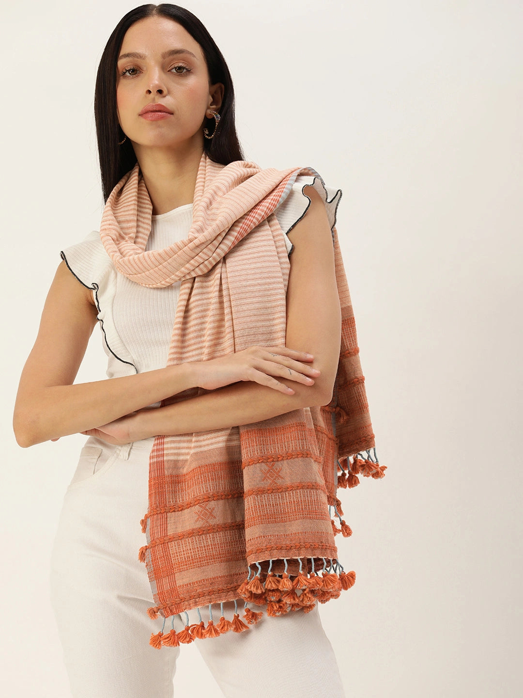 ASVA Handwoven White & Orange Cotton Scarf with Tassels