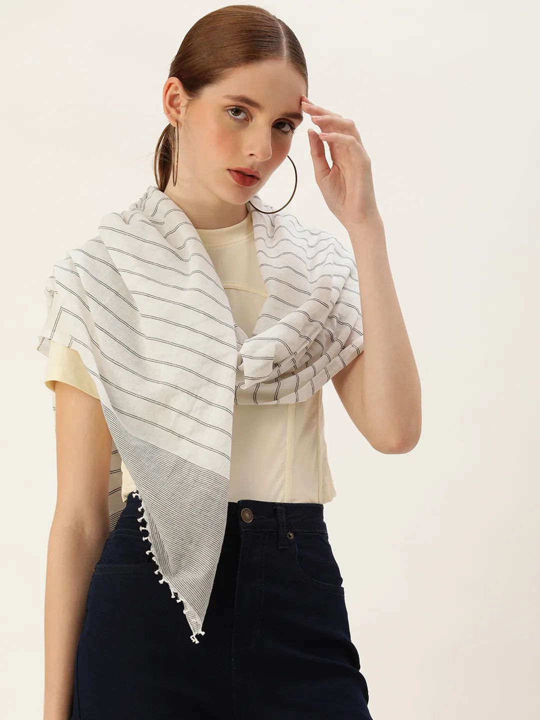 ASVA Handwoven White Scarf with Black Striped Cotton Scarf