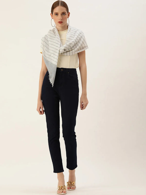 Handwoven White Scarf with Black Striped Cotton Scarf