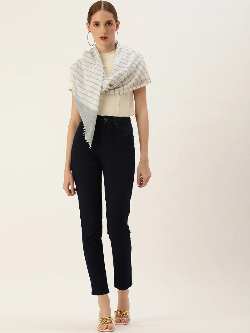 Handwoven White Scarf with Black Striped Cotton