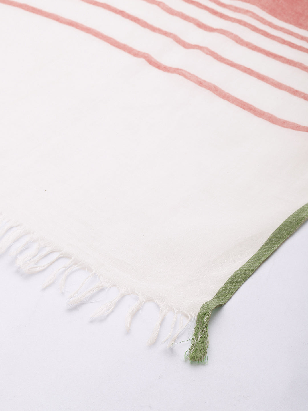 ASVA Handwoven White with Red Stripes and Green Selvedge Organic Cotton Scarf