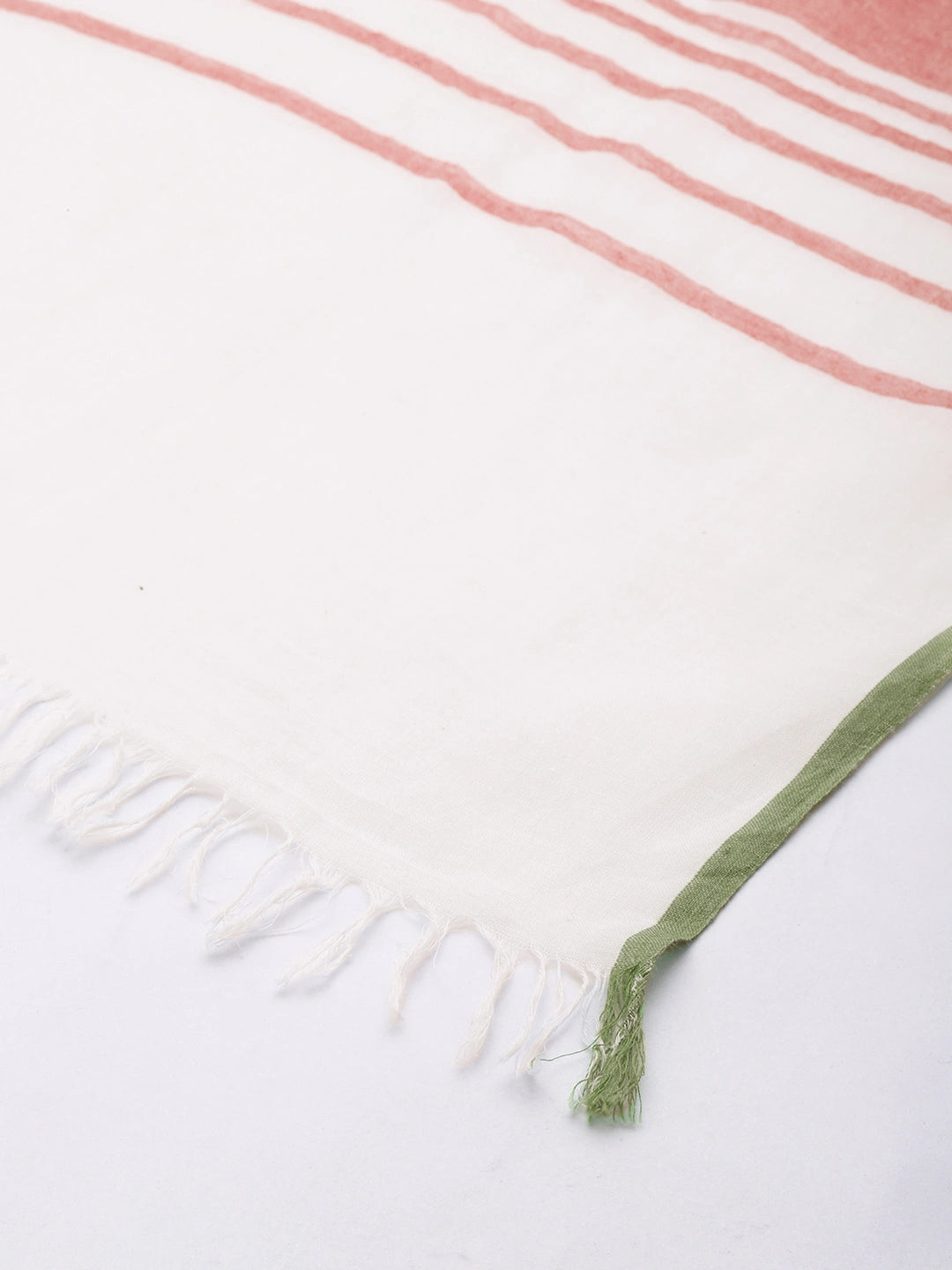 ASVA Handwoven White with Red Stripes and Green Selvedge Organic Cotton Scarf