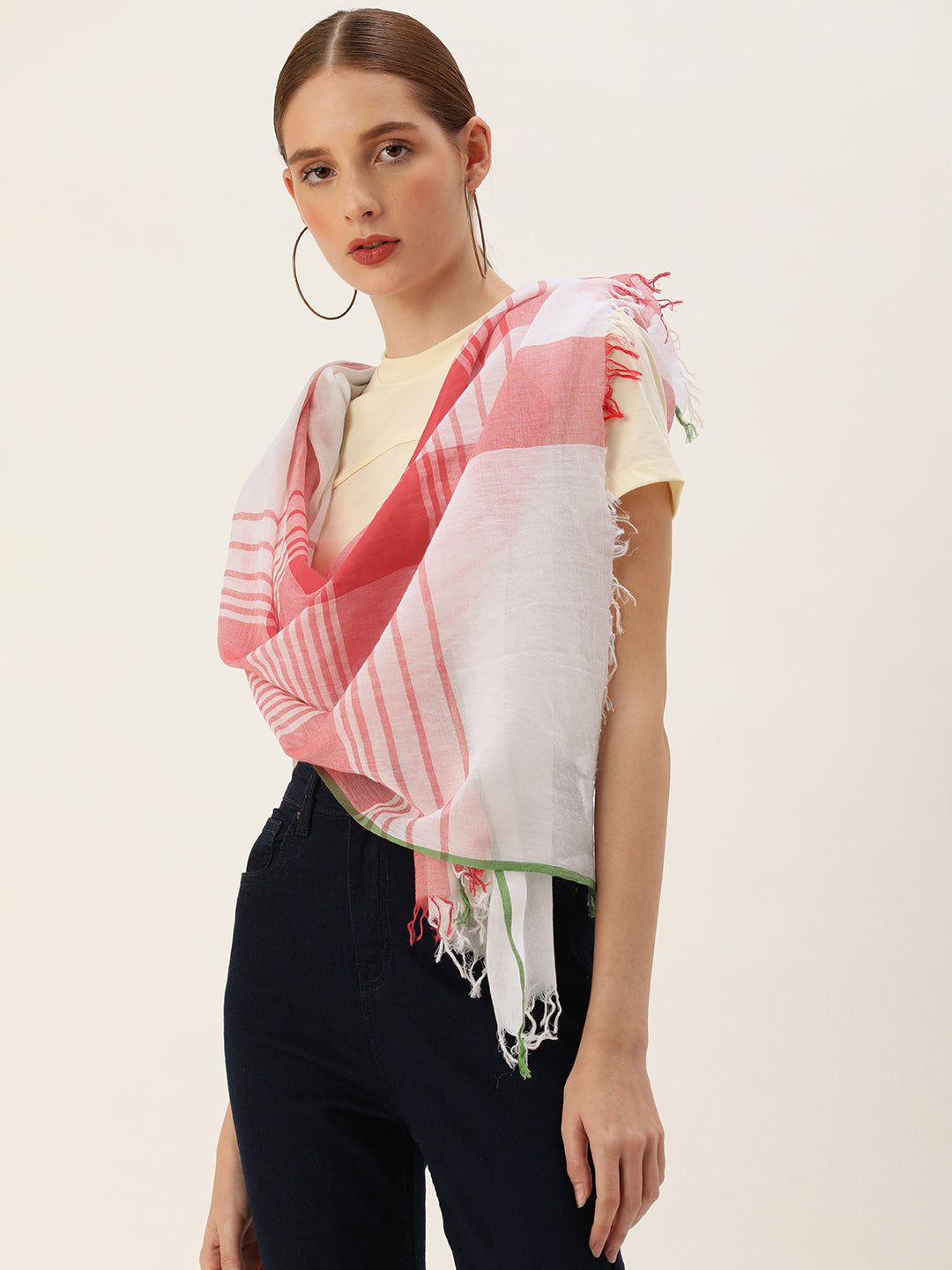 ASVA Handwoven White with Red Stripes and Green Selvedge Organic Cotton Scarf