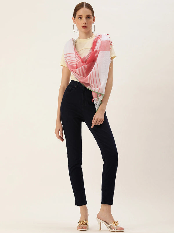 Handwoven White with Red Stripes and Green Selvedge Organic Cotton Scarf