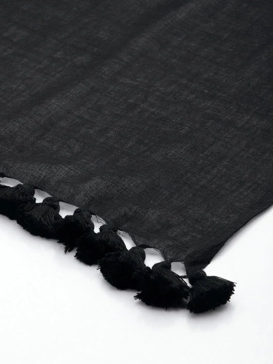 Handwoven Black Cotton Dupatta with Black Tassels
