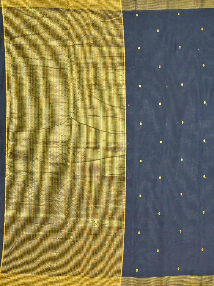 Handwoven Black Cotton Silk Saree with Golden Buttas & Striped Pallu