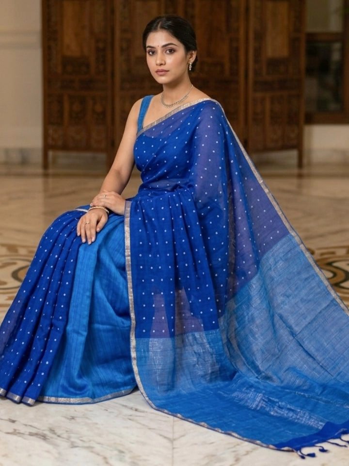 Handwoven Blue Silk Saree with Embellishments & Layered Finish