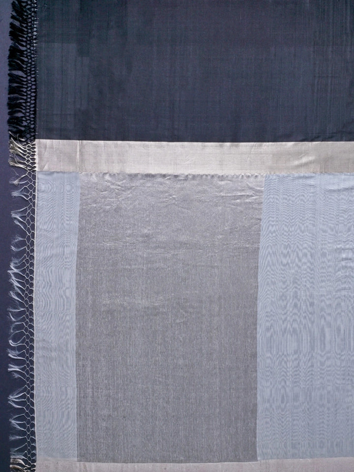 Handwoven Off White Chanderi Silk Saree with Black Satin Border & Tissue Pallu