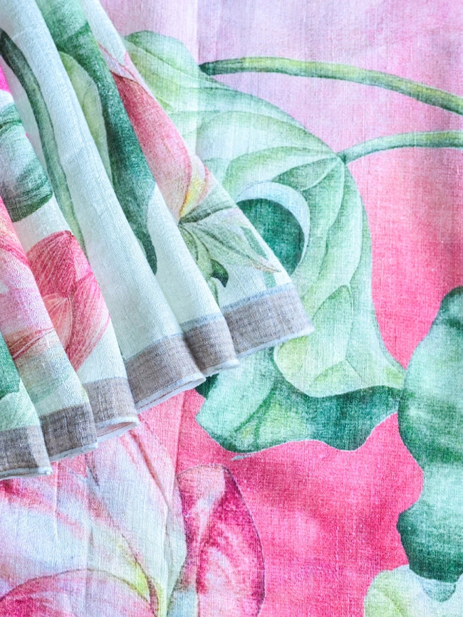 Handwoven Off White Matka Silk Saree with Lotus Design Digital Print