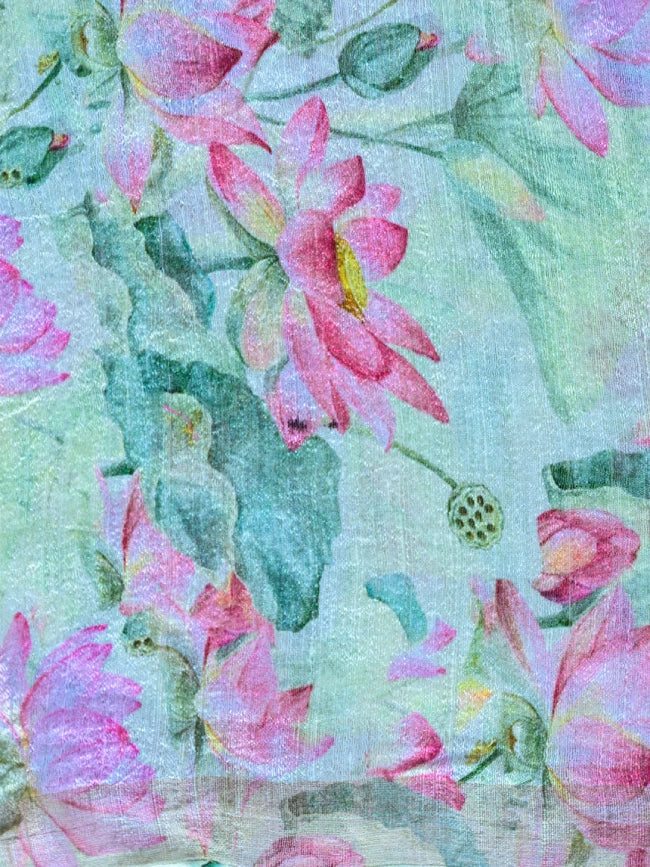 Handwoven Off White Matka Silk Saree with Lotus Design Digital Print