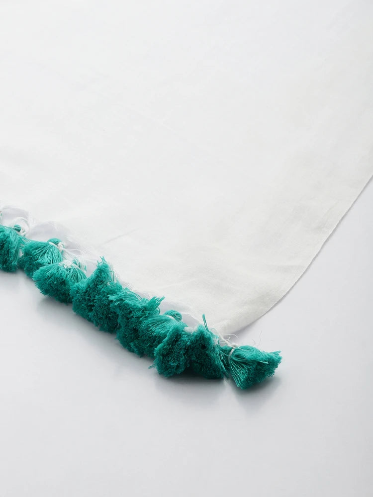 Handwoven White Cotton Dupatta with Coloured Tassels