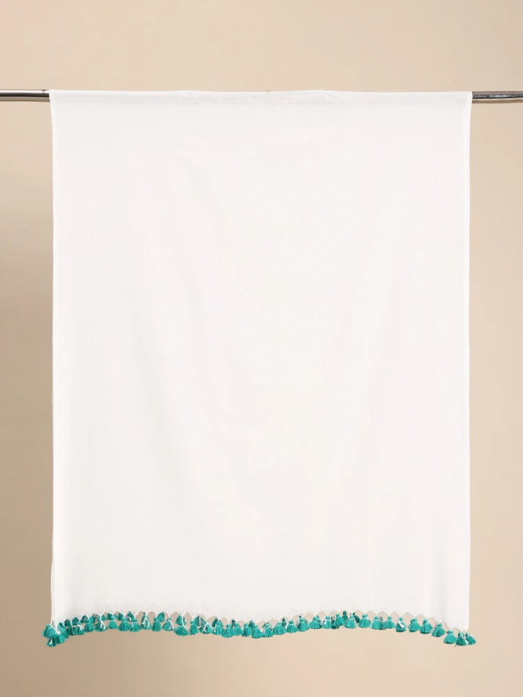 Handwoven White Cotton Dupatta with Coloured Tassels