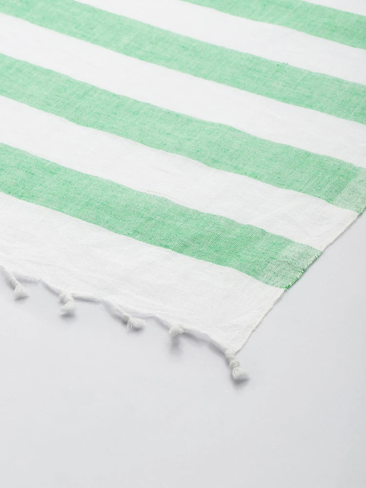 Handwoven White Cotton Scarf with Green thick & thin stripes Allover