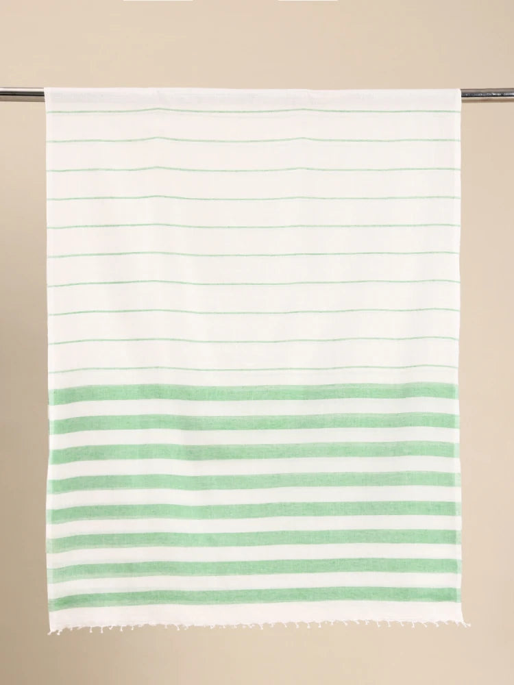 Handwoven White Cotton Scarf with Green thick & thin stripes Allover