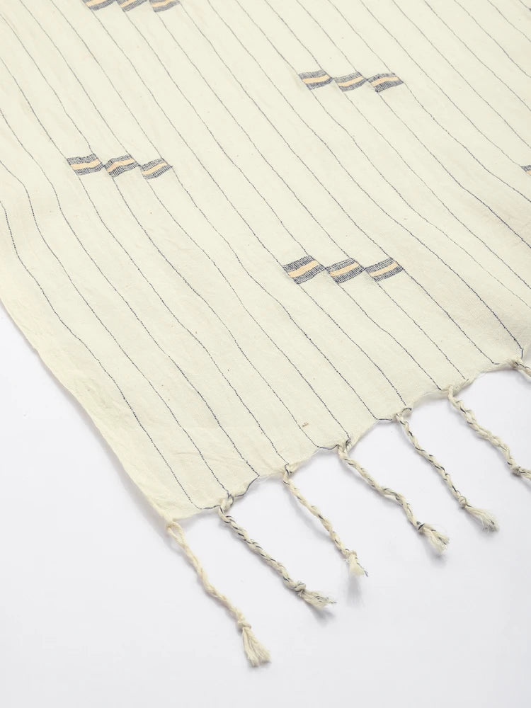 Handwoven White Cotton Scarf with Navy Blue Stripes & Cream Jamdani Butti Design
