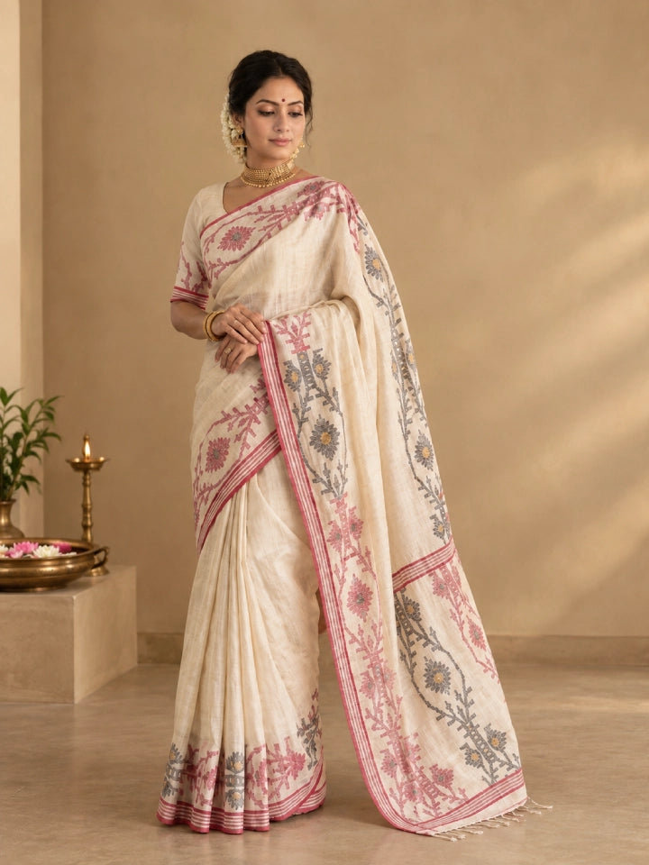 Handwoven White Matka Silk Saree with Jamdnani in Red & Black
