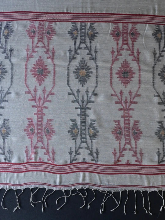 Handwoven White Matka Silk Saree with Jamdnani in Red & Black