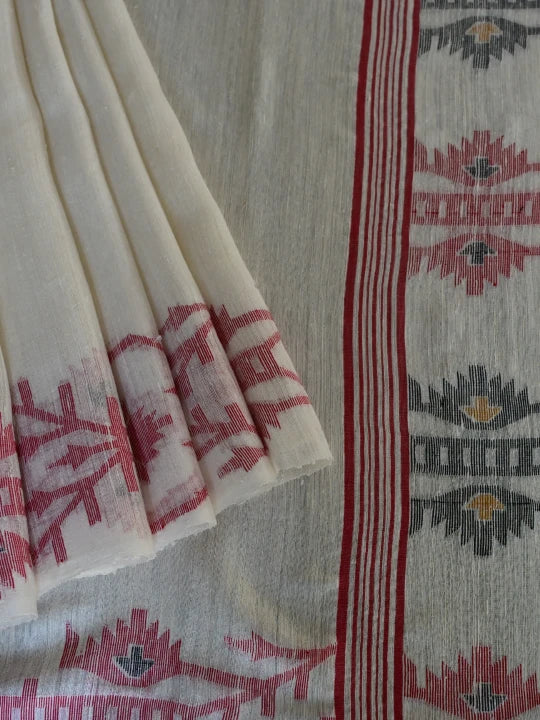 Handwoven White Matka Silk Saree with Jamdnani in Red & Black