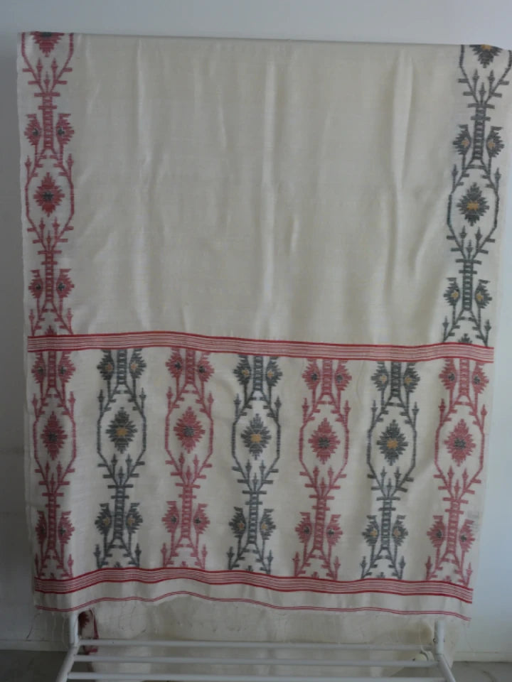 Handwoven White Matka Silk Saree with Jamdnani in Red & Black