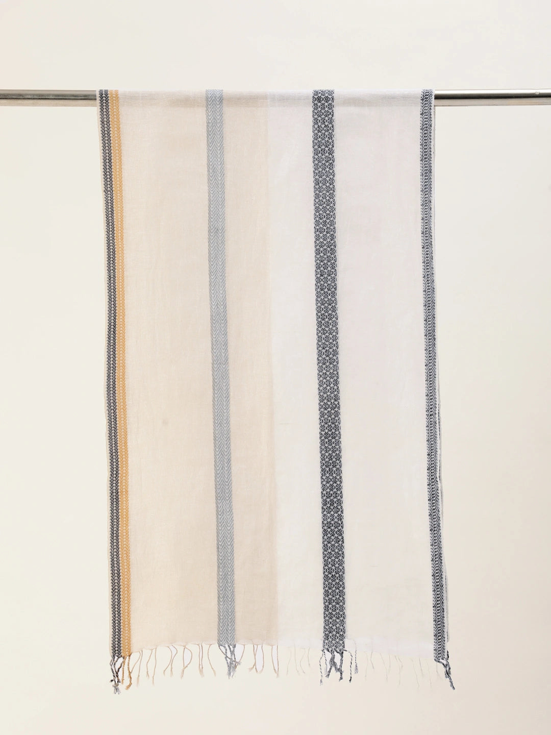 ASVA Handwoven Linen Scarf With Stripes Of Jacquard Weaving  In The Centre In Dual Colour