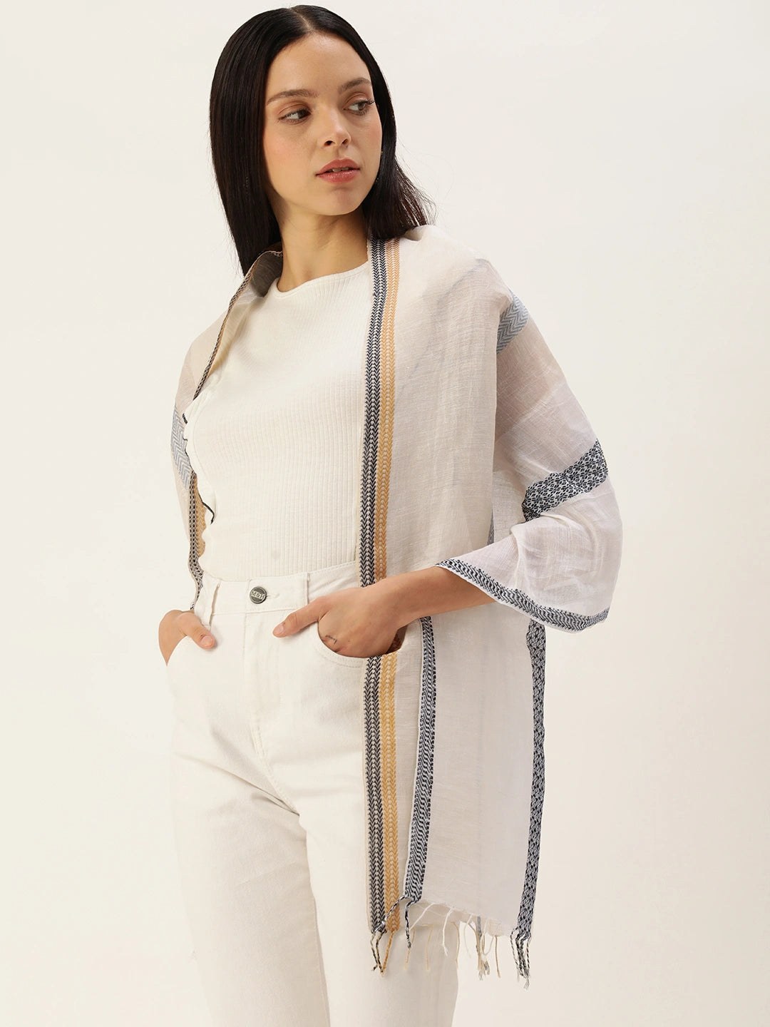 ASVA Handwoven Linen Scarf With Stripes Of Jacquard Weaving  In The Centre In Dual Colour