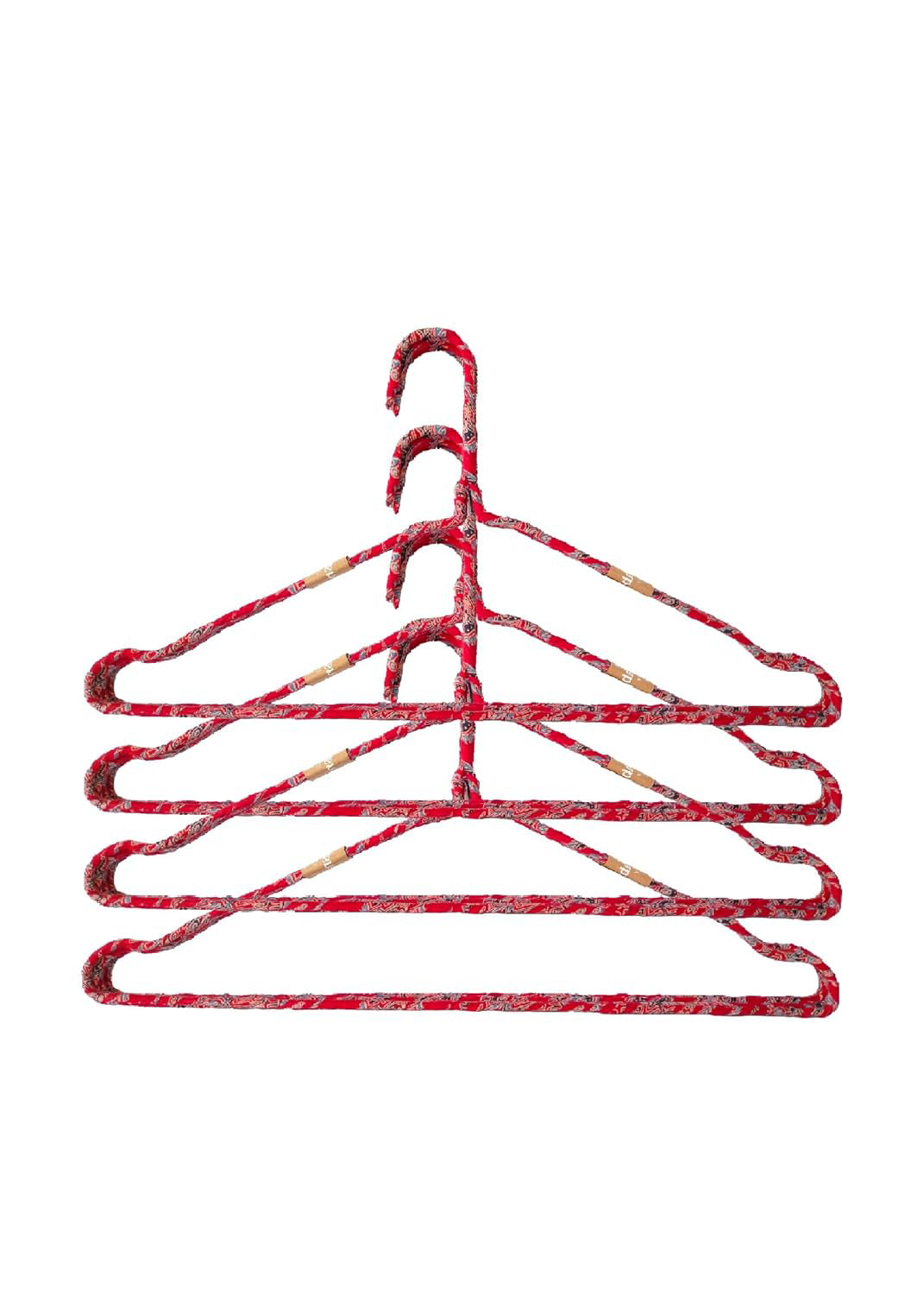 Fabric Hangers Set of 4 | Ultra Thin Design for Shirts, Dresses, Kurtas & Scarves | Space-Saving Storage| Red Kalamkari print in 100% Cotton| Sustainable | Utility Product