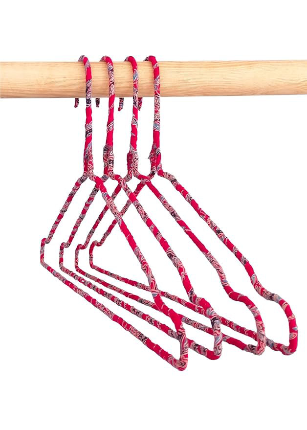 Fabric Hangers Set of 4 | Ultra Thin Design for Shirts, Dresses, Kurtas & Scarves | Space-Saving Storage| Red Kalamkari print in 100% Cotton| Sustainable | Utility Product