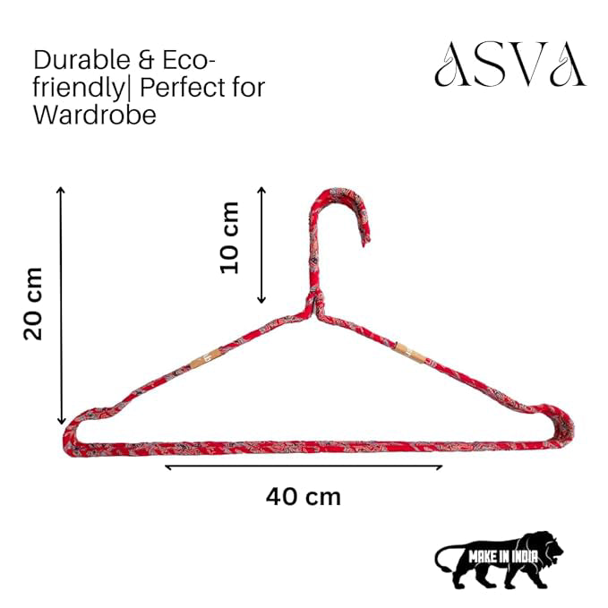 Fabric Hangers Set of 4 | Ultra Thin Design for Shirts, Dresses, Kurtas & Scarves | Space-Saving Storage| Red Kalamkari print in 100% Cotton| Sustainable | Utility Product