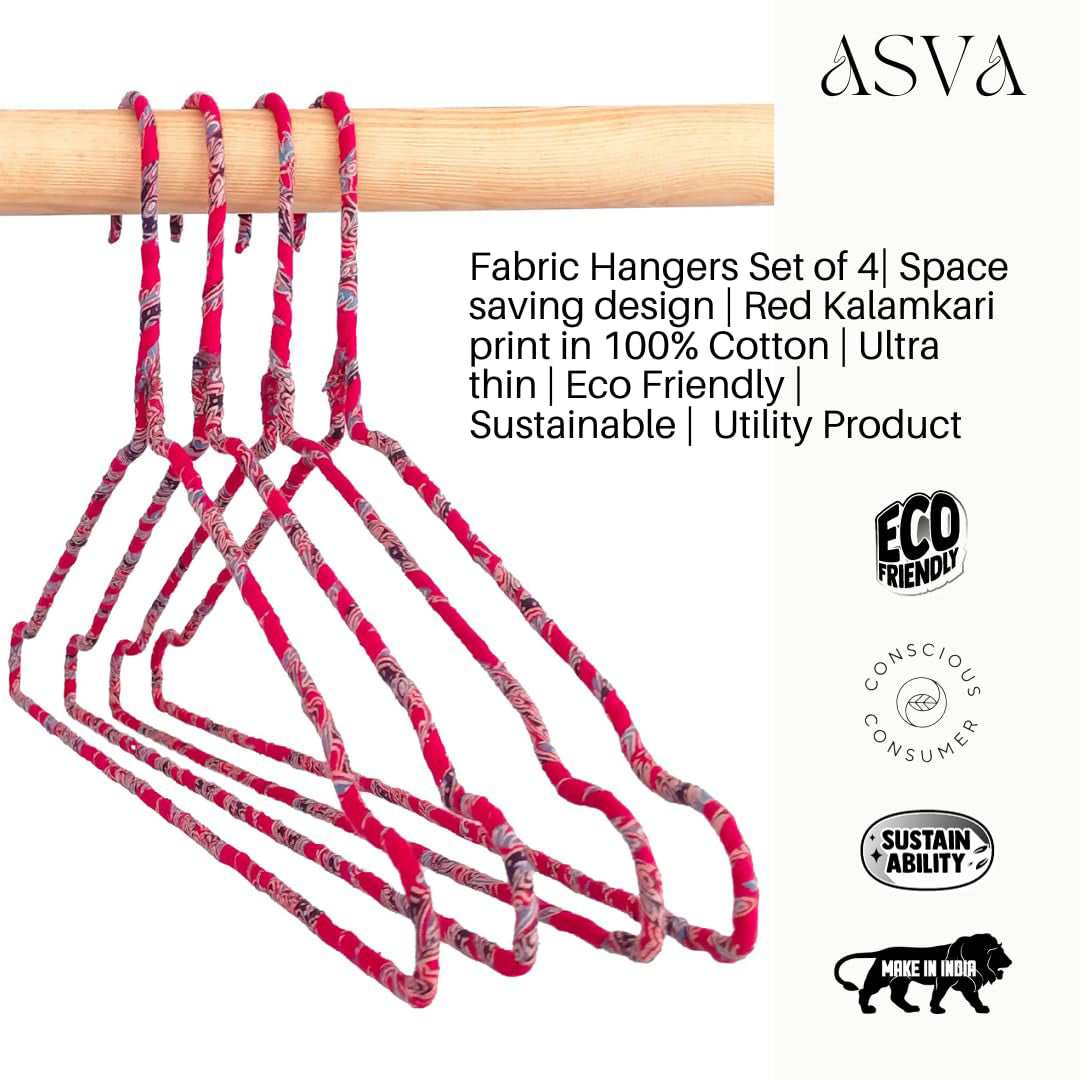 Fabric Hangers Set of 4 | Ultra Thin Design for Shirts, Dresses, Kurtas & Scarves | Space-Saving Storage| Red Kalamkari print in 100% Cotton| Sustainable | Utility Product