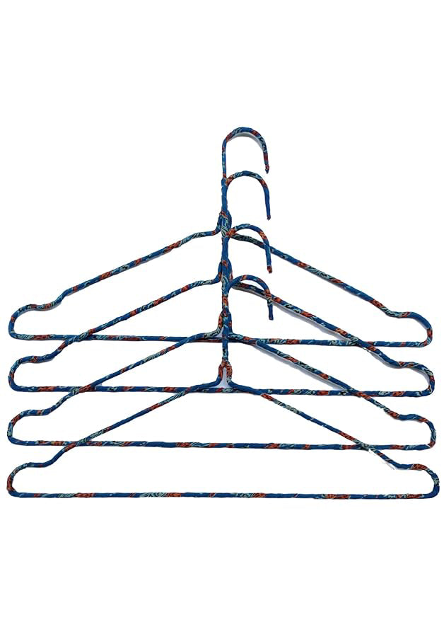 Fabric Hangers Set of 4 | Ultra Thin Design for Shirts, Dresses, Kurtas & Scarves | Space-Saving Storage| Blue Kalamkari print in 100% Cotton| Sustainable | Utility Product