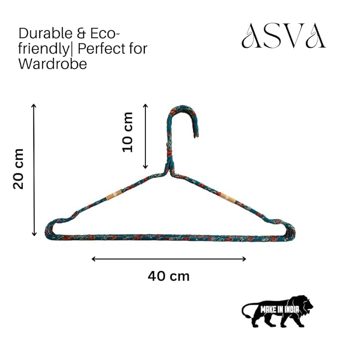 Fabric Hangers Set of 4 | Ultra Thin Design for Shirts, Dresses, Kurtas & Scarves | Space-Saving Storage| Blue Kalamkari print in 100% Cotton| Sustainable | Utility Product
