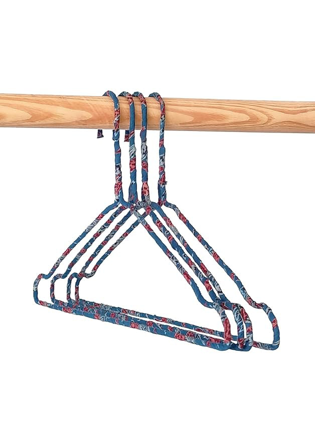 Fabric Hangers Set of 4 | Ultra Thin Design for Shirts, Dresses, Kurtas & Scarves | Space-Saving Storage| Blue Kalamkari print in 100% Cotton| Sustainable | Utility Product