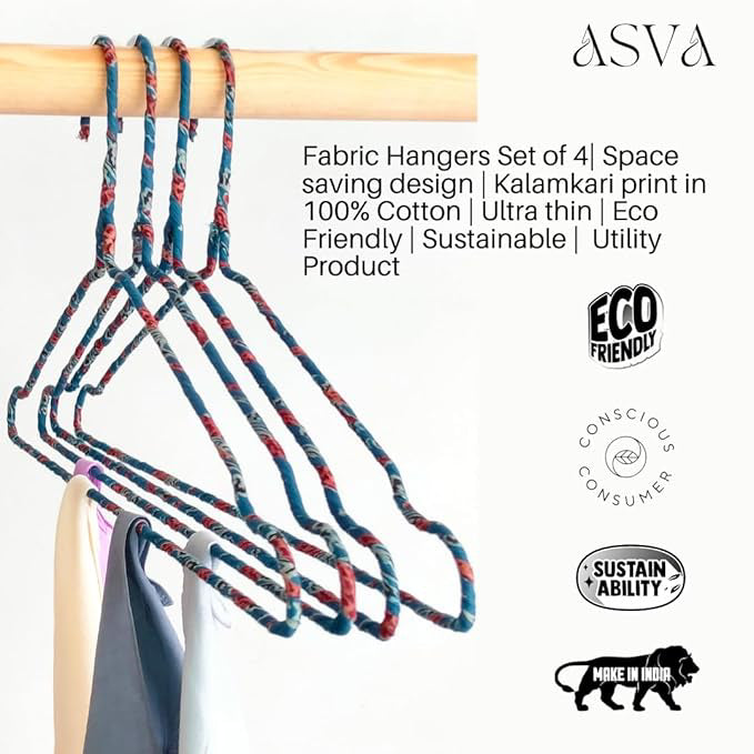Fabric Hangers Set of 4 | Ultra Thin Design for Shirts, Dresses, Kurtas & Scarves | Space-Saving Storage| Blue Kalamkari print in 100% Cotton| Sustainable | Utility Product