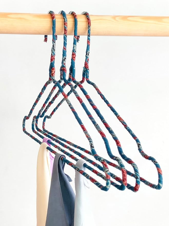 Fabric Hangers Set of 4 | Ultra Thin Design for Shirts, Dresses, Kurtas & Scarves | Space-Saving Storage| Blue Kalamkari print in 100% Cotton| Sustainable | Utility Product