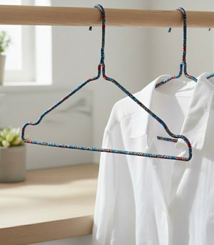 Fabric Hangers Set of 4 | Ultra Thin Design for Shirts, Dresses, Kurtas & Scarves | Space-Saving Storage| Blue Kalamkari print in 100% Cotton| Sustainable | Utility Product