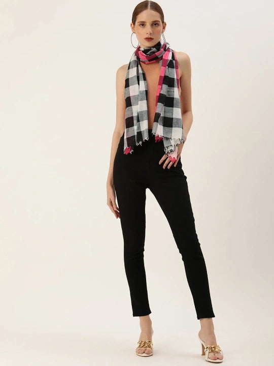 ASVA Maroon Bordered Handwoven Black Checks Cotton Scarf