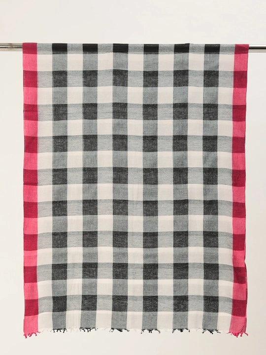ASVA Maroon Bordered Handwoven Black Checks Cotton Scarf