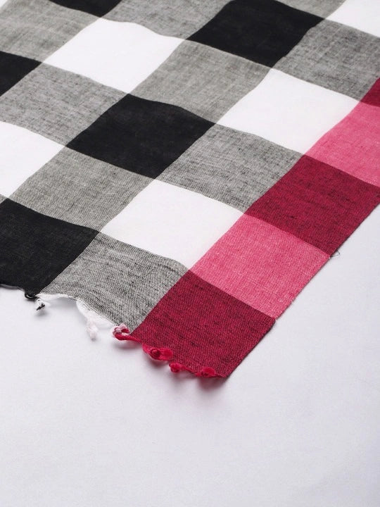 ASVA Maroon Bordered Handwoven Black Checks Cotton Scarf