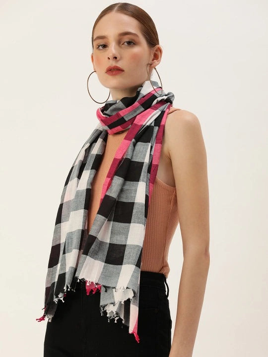 Maroon Bordered Handwoven Black Checks Cotton Scarf