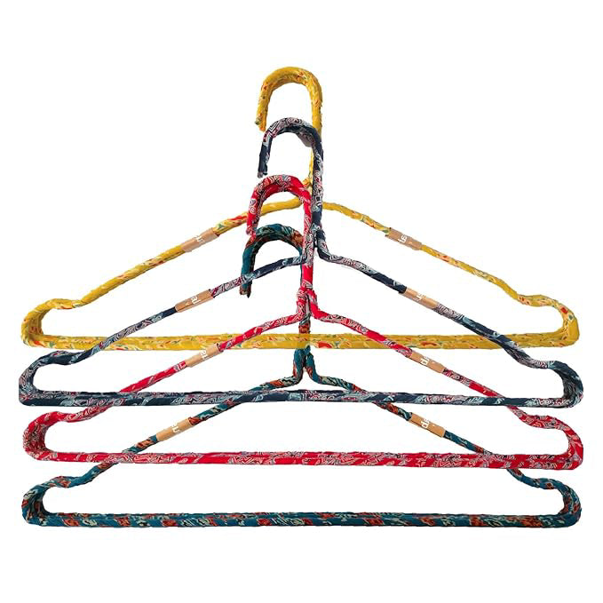Fabric Hangers Set of 4 | Ultra Thin Design for Shirts, Dresses, Kurtas & Scarves | Space-Saving Storage| Multi Color Kalamkari print in 100% Cotton| Sustainable | Utility Product